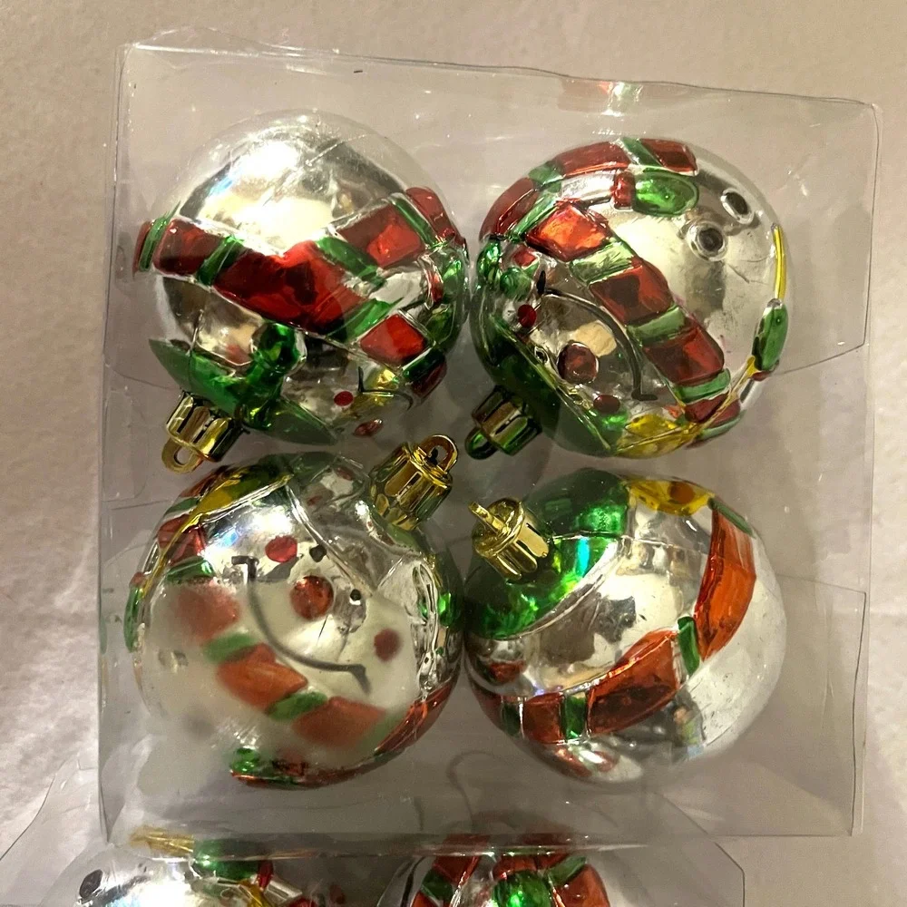 Hand Painted Snowman Christmas Ornaments Metallic Plastic Set of 8 Vintage Style